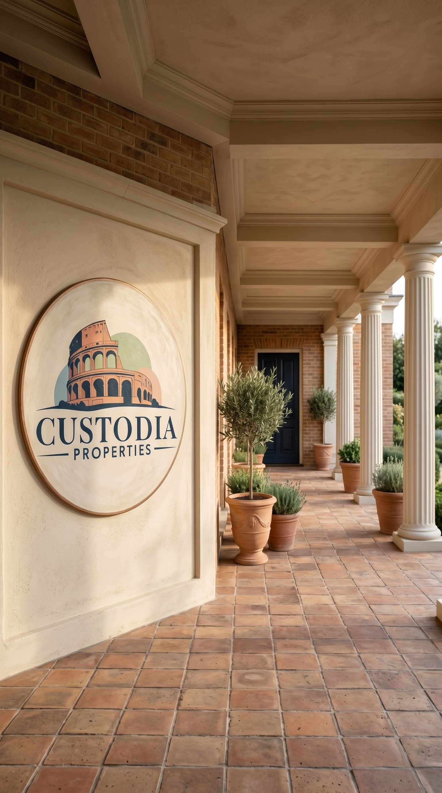 The Custodia Properties porch — a calm, sunlit entryway with the company's Colosseum mark mounted on the wall